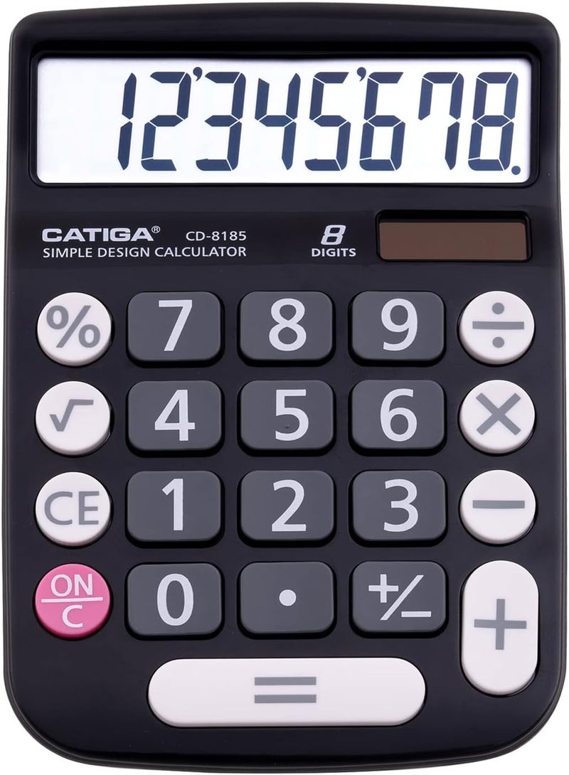 CATIGA Desktop Calculator 8 Digit with Solar Power and Easy to Read LCD Display, Big Buttons, for Home, Office, School, Class and Business, 4 Function Small Basic Calculators for Desk, CD-8185 Black - Image 1